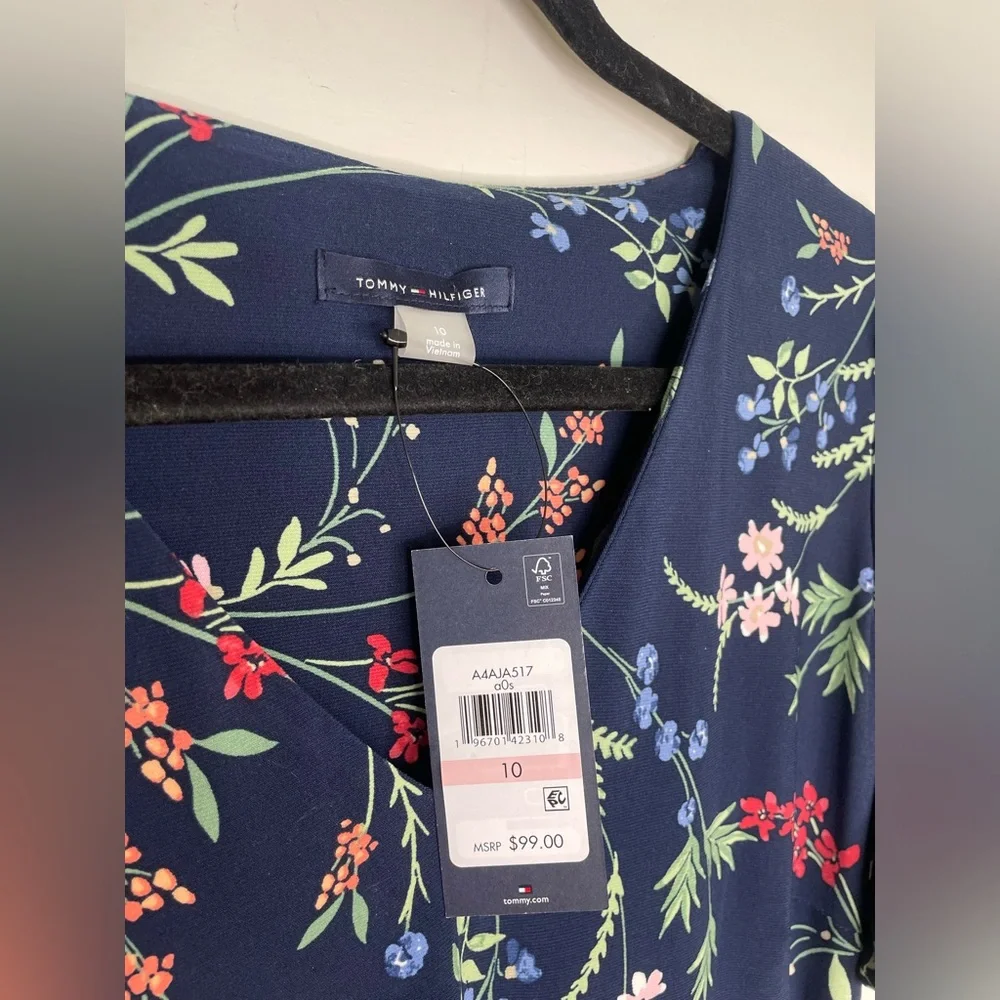 Tommy Hilfiger A-Line Dress 10 NWT Navy Blue Dark Floral Stretch Puff Sleeve - Picture 7 of 9